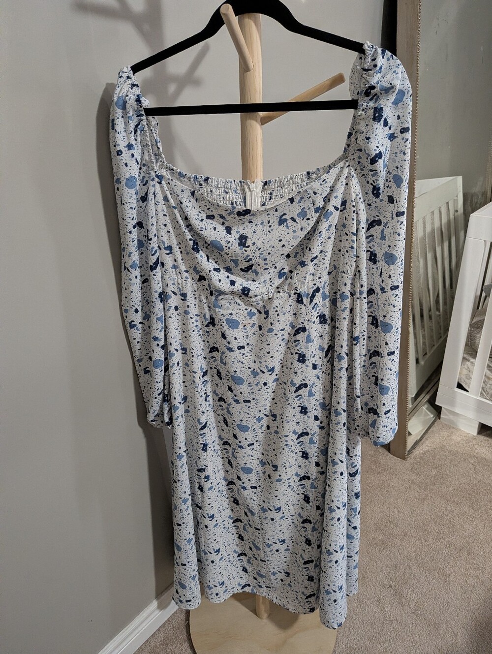 Commense Long Sleeve Square Neck Dress in White with Blue Spot Print